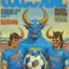 Placeholder: A 1980 medieval london comic cover of uruguayan sky-blue football magazine. At the street city, Monty Pyton. Estadio Centenario Montevido. Satan, devil, horns.