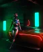 Placeholder: Ultra realistic photographic night portrait, cinematic, happy <pinup woman> in garage <droid friend>, hot, retro futuristic dress <Helmut newton photo style>, neon lights, color fog, soft color, highly detailed, unreal engine 5, ray tracing, RTX, lumen lighting, ultra detail, volumetric lighting, high definition.