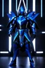 Placeholder: neon blue, flying parts of armor in form of triangles, cyber armor, geometric patterns on armor, male, orbiting triangle