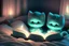 Placeholder: bioluminescent cute soft anime chibi kittens in a bedroom, reading a book by candlelight on the bed, highly detailed 3D