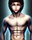 Placeholder: beautiful 12 year old arabic boy with long, curly hair and light blue eyes, smiling, shirtless