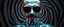 Placeholder: portrait of upper body of cool transparent guy made with nano tape and with shades and mustache and bald head, saw blade beholder eye tyrant flating beholder kin with eyes on each saw blade tooth saying something profound, hypnotic zebra twirl background, with chrome reflections