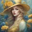 Placeholder: "Flowers, full body portrait of pretty woman, blue eyes, blond hair, yellow pretty clothes, hat A Breathtaking Masterpiece Fantasycore Artwork By Anna Dittmann, Daniel Merriam, Jean Baptiste Monge, Alberto Seveso, Erin Hanson, Jeremy Mann""