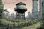 Placeholder: watertower, overgrown apocalyptic city background, comic book, fence