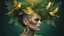 Placeholder: dark background, punk 45 years old, forest on the head, plant hair, green plants, bright colors, golden birds, golden makeup, tattoo, shiny aura, very detailed, fine rendering, high detail, high resolution, 8K