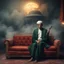 Placeholder: Hyper Realistic Quaid E Azam SHyper Realistic Karbala Prehistoric War Background at cloudy sunsetmoking Cigar & Mahatma Gandhi Sitting on a Velvet Sofa in a foggy Dark Room