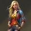 Placeholder: pretty girl, aged 18, blonde, conventionally attractive, colourful clothes, realism, jeans, curvy