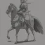 Placeholder: pencil sketch from side, little knight on the horse in armor with forward pointed lancet charging