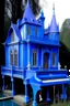 Placeholder: A blue violet mansion with floating instruments painted by The Limbourg brothers