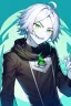 Placeholder: plauge doctor in balck leather clothes with silver hair, pale skin and bright green eyes smiling with sharp teeth, nice young face, male, viscious smile