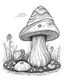 Placeholder: mushroom world with snail on 1 mushroom minimalistic landscape. line art, background, vector, svg, coloring book page style, black outline on white background