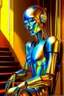 Placeholder: chrome chat robot banking woman smiling online in the style of a master italian painter, spray paint, photo realism, trending on art station, 8k, depth of field, down light, light rays, volumetric, reflective spiral staircase, blue, yellow, golden brown and orange