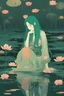 Placeholder: A green-haired woman sitting in a pond, with lotus flowers floating on the water by victo ngai, kilian eng,, moon, night time, reflection, loose strokes, dynamic lighting, digital art, art by james jean, takato yamamoto, 4k, concept art, illustrative, high contrast
