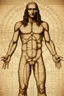 Placeholder: Human – Language – Computer. Leonardo da Vinci's Vitruvian man against the background of the matrix and the crumbling ones and zeroes.Solid science fiction, high resolution. Clear elaboration of all the details.