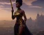 Placeholder: Running and holding a sword. Mel arcane. A beautiful curvaceous black woman with long straight curly black hair, wearing a gold crown, and a gold intricate detail gown, yoruba culture, orixa, magical, ethereal. Sharp lighting, cimematic lighting, misty. Painting, high quality, Ultra quality 8k.