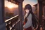 Placeholder: woman with long brown hair, red eyes, pale skin, highly detailed, intricate background, standing on a balcony during sunset, contemplative, anime style, Genshin Impact inspired, dynamic composition