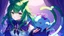 Placeholder: A girl with green hair touches a magical purple stone by the river, and she ears start growing up! Her tail suddenly appears like a cat's