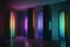 Placeholder: background dark, Doors are floating on the room, various color transparent tubes are floating on the room, There are darcolor monoliths in the room