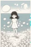 Placeholder: A little girl playing by the seashore, surrounded by oval-shaped seashells and bubbles. Use ovals for the seashells, bubbles, and the sun setting over the ocean.,very happy , Colloring page for todlliers ; basic hawali style cartoon , black and white , ink outlines , , smooth , anime style , minimalist , cute eyes , full body , white shose , sketchbook , realistic sketch , free lines , on paper , character sheet , clean line art high detailed