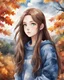 Placeholder: 2D anime style. Sarah, a 15-year-old girl with long brown hair and blue eyes, sweater, surrounded by autumn trees and gloomy cloudy sky and beautiful landscape, watercolor painting, high detailed, high quality, 4k