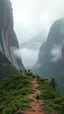 Placeholder: A trail between two mountains peaks with a group of dinosaurs marching in the Amazon side view , below is a huge wood top view , foggy, misty , adventures