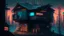 Placeholder: small Wooden Cabin, In cyberpunk city-skyline,