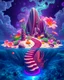 Placeholder: A surreal psychedelic scene: A trippy coral reef island, with fluorescent vegetation and giant flowers growing from the sand. Tiki statues melt into the landscape, and a spiral staircase leads into the center of the ocean, glowing from below