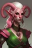 Placeholder: female tiefling with only 1 horn. She has Brown pink white hair and green eyes