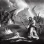 Placeholder: Priest smites demon with fire, armies battling in the background, romanticism.