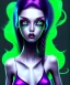 Placeholder: purple haired human girl with bright green eyes wearing black dress