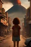 Placeholder: a girl with curly brown hair and freckles staring at the camera from the streets of a small city while a volcano erupts behind her