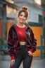 Placeholder: full body ,young woman with clear eyes, messy bun hair, bouncing looking back, soft velvet red/black two piece printed outfit, morning sun, cute, full body, ultra realistic, a variety of small details in the background, hyper realistic, surprised, sweet smile, 8k, HDR, 500px, by Koos Roos