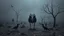Placeholder: close in center weird crepy bird creature around different small dark crepy birds and far away surreal thriller vibe trees in alternative surreal barren, dry, gloomy world, nightmare in abyss, deep vortex, black, gray, purple, brown, silver, dark red colors, surreal, weird dark fantasy, deep dark colors, sharp lines, crepy stunning, high detalied, weird, fog, shadows, realistic, surreal, highly detailed, melancholic thriller mood