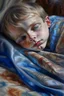 Placeholder: oil painting portrait of metallic sleeping slightly cute smirking innocent blue eyed vampire on a towel, bokeh , high detail, smooth render, prize winning, down light, depth of field, aura, in wind