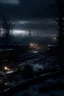 Placeholder: Frozen and dark wood, scary, heavy Industry in the distance, uhd, ambient lighting