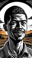 Placeholder: young black man, happy, sunset, running, ground, woodcut, Woodblock printing, xilogravura, Livio Abramo, Sérvulo Esmeraldo, Tarsila do Amaral, ultra sharp 8k uhd smooth sharp focus highly detailed hd trending on artforum illustration digital, head and shoulders, black and white