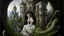 Placeholder: An intricately detailed painting in the style of Renaissance masters depicting an abandoned castle where some climbing and carnivorous plants still live, intertwined with them is a mysterious lady dressed in white