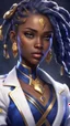 Placeholder: sci-fi, arcane animation series style, league of legends, Solo, 1girl, attractive female with freckles, african, dark skin, golden eyes, dark hair, braided dreadlocks, earrings, makeup, (detailed skin texture), white and indigo-blue suit