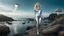 Placeholder: full body shot of a middle-aged, blond-haired woman in a silver cat-suit, standing on a rock on the shores of an alien world, with mushrooms with jellyfish tentacles floating in the air