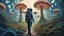 Placeholder: woman with black hair, in a tight spacesuit, without a helmet, walking through Alien mushrooms with jellyfish tentacles in an alien forest, photorealistic, Deep Colour, Intricate Detail, sunshine, blue sky