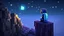 Placeholder: Minecraft Character, minecraft theme, purple starry sky, meditating, facing back, wearing gown, minecraft style, in between two cliffs,