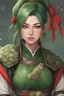 Placeholder: portrait of a young alluring female shinobi in alluring Japanese green ninja armor with tortoise symbols, feudal japan, D&D character, RPG, fantasy character, stylish, 8k, beautiful, green hair, pony tail, perfect lips, youthfull smile, makeup around eyes, red makeup on cheeks, detailed eyes, perfect eyelashes, big chest, hourglass body, pale white skin, seductive expression,casting spell, lcherry blossoms in background, legend of the five rings rpg, anime art style, body inclined forward