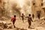 Placeholder: bloody children with no arms running from bombs in a ruined city in Palestina, smoke and fire and explosions