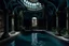 Placeholder: dark, old, room with a swimming pool with blue water, irregular shapes of the pool with bends, visible arcades supporting the closed ceiling, dark, brown in color, columns covered with wild climbing plants,