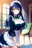 Placeholder: girl, masterpiece, best quality, volumetric lighting, detailed outfit, perfect eyes, dark blue hair, green eyes, long hair, maid, indoors, smile, leaning forward,