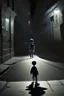 Placeholder: A boy playing on the street at midnight with his shadow