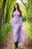 Placeholder: full body standing beautiful 20 year old girl with ash brown hair and blue eyes with her long hair down,curvy body ,pretty boobs, wearing a sleeved shirt and nice sarifon dress, and lilac long leggings, with long black boots full body shot,country side among trees