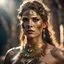 Placeholder: hyper realistic, ultra detailed photograph of a barbarian woman, look like Thandy Newton as spain warriors, ((Jade ocean:1.25)), golden jewelry, shiny, sunlight fractal details, (Anna Steinbauer:1.5), depth of field, HOF, hall of fame, detailed gorgeous face, apocalyptic environment, natural body posture, professional photographer, captured with professional DSLR camera, trending on Artstation, 64k, ultra detailed, ultra accurate detailed, bokeh lighting, surrealism, Thomas Kinkade background, u
