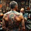 Placeholder: man with a full back tattoo of the Creation of Adam, background is a seedy tattoo parlor, tattoo artist who looks like Michelangelo is putting the finishing touches on the tattoo