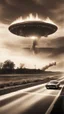 Placeholder: The image shows a sepia-toned photograph with a science fiction theme. Reflected in a side-view mirror, we see a classic car with passengers, driving on a desolate road. In the background, a large UFO hovers in the sky while multiple explosions erupt in the distance, sending up clouds of smoke and fire. The mirror's border frames this chaotic scene, juxtaposing a calm, seemingly oblivious drive with the dramatic events unfolding behind. The aged effect of the photo adds a layer of nostalgia to t